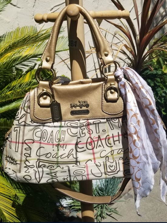Coach Handbags - Coach Scribble Logo Satchel with Gold Trim and Scarf